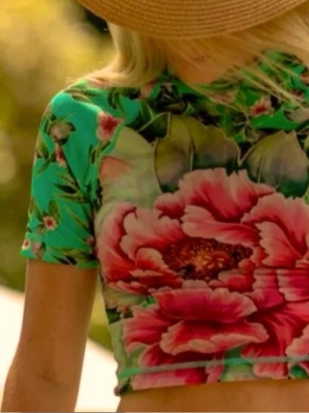 HAH New! Turquoise & Pink Floral Bikini Top Rash Guard- Women's Swim Small